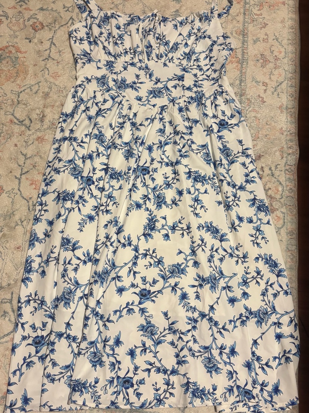 Blue Floral White Maxi Dress with Spaghetti Straps